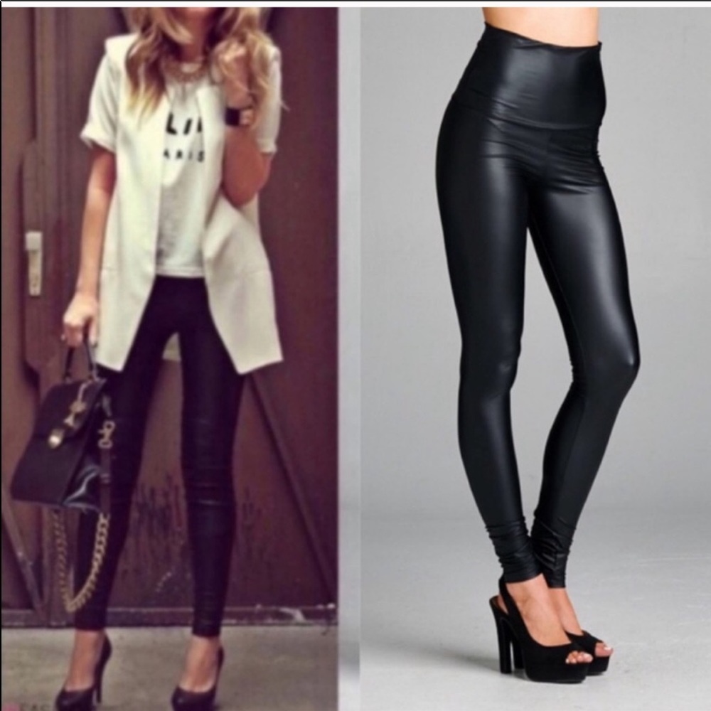 Black Slick Vegan Leather Leggings - Picture 2 of 8